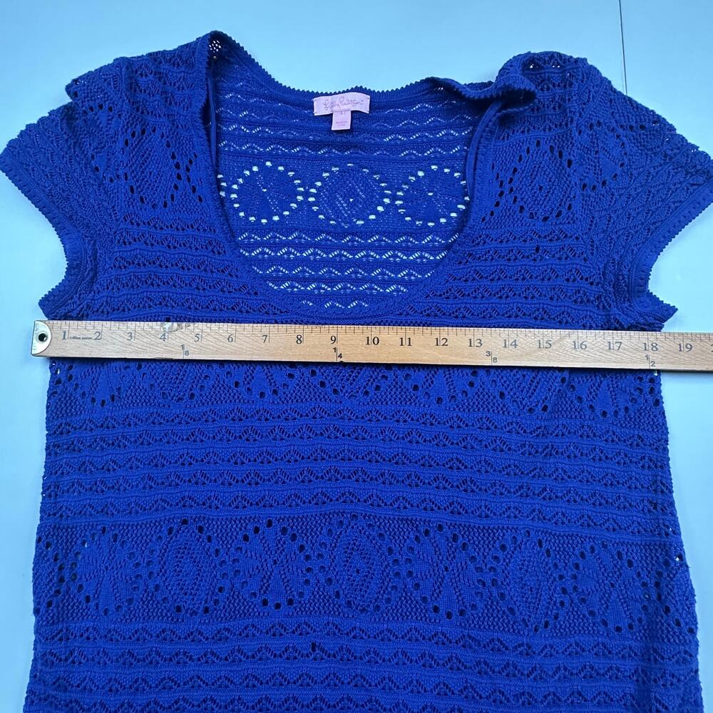 Lilly Pulitzer Dress Womens Large Blue Paulette Crochet Lined Short Sleeve Beach - Picture 9 of 12